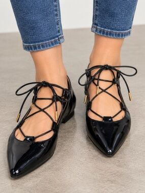 Calvin Klein Black Patent Pointed Lace-Up Flats